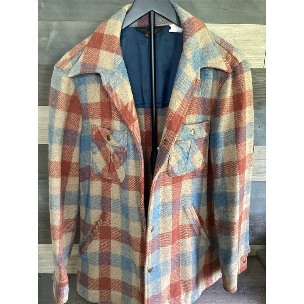 Vintage 70s Lee's Button Wool Blend Flannel Shacket M-L Orange Blue Checkered